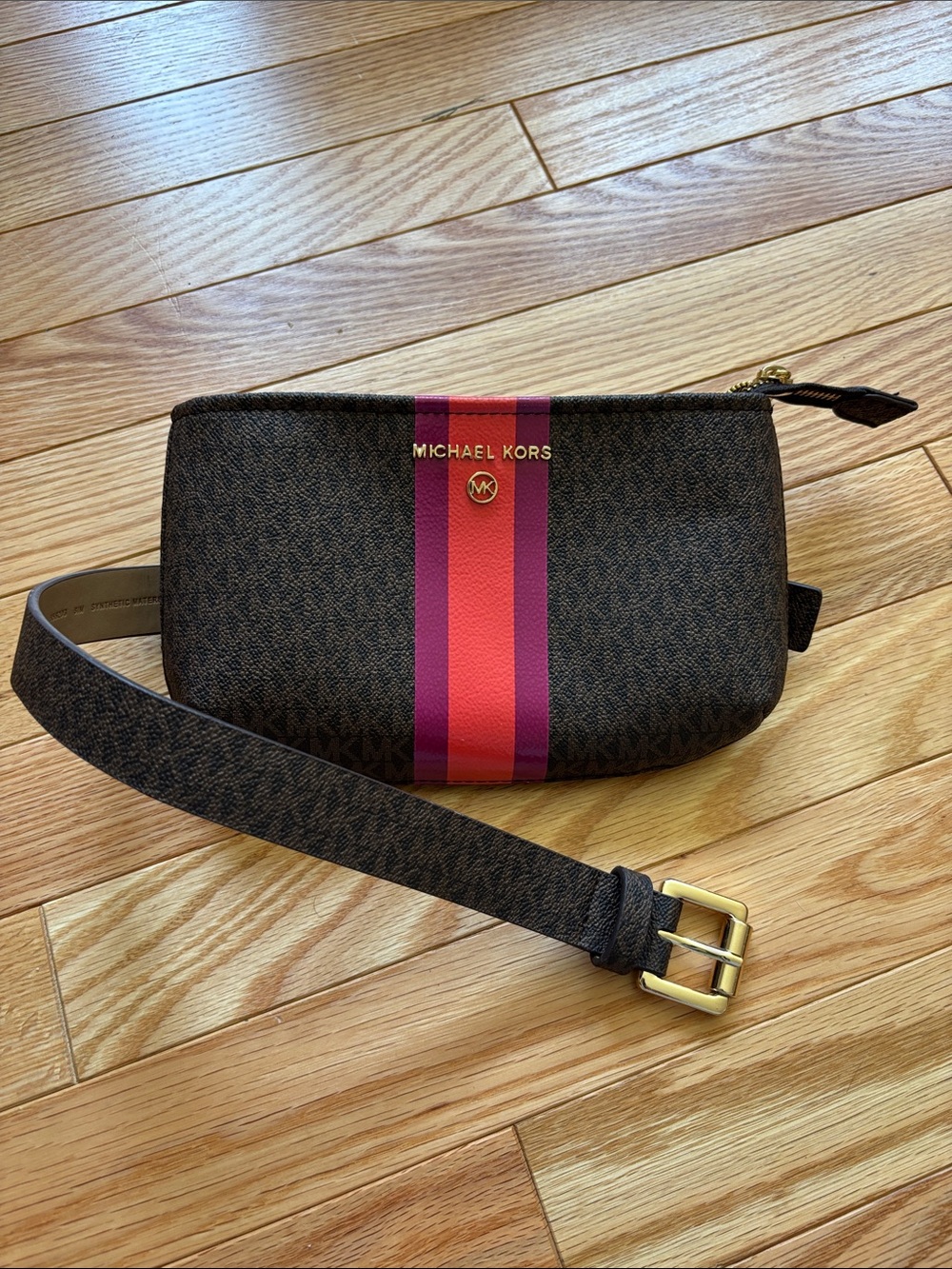 Michael Kors Brown Logo Belt Bag with Pink & Orange Center Stripe
